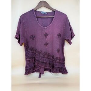 HolyClothing Women M/L Red Embroidery Ruffle Tie Back Tunic Top Boho Festival